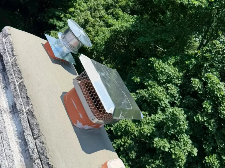 Overhead view of a rebuilt chimney crown with new caps on both flues