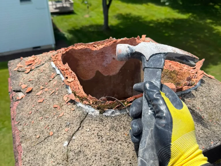 Gloved hand with a hammer breaking out a cracked chimney crown before it is rebuilt