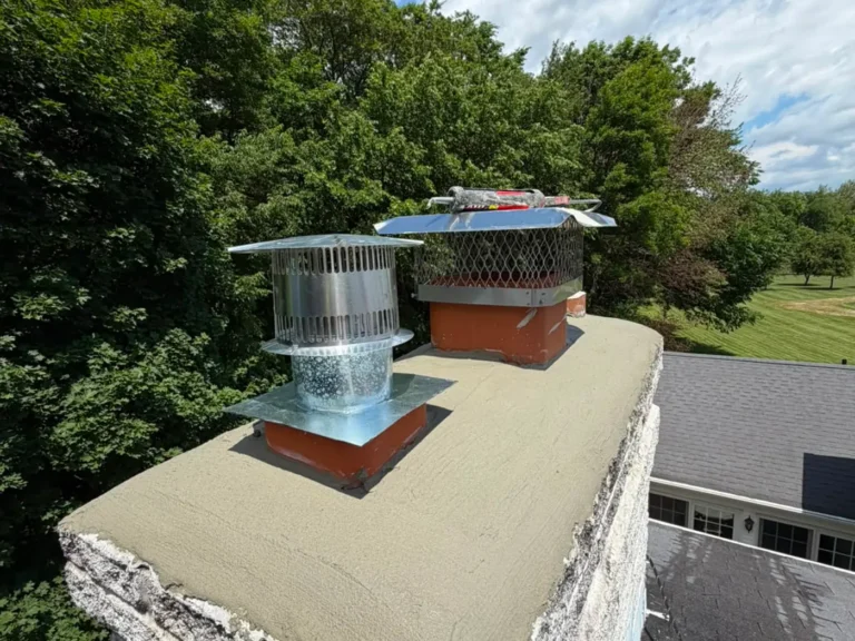 Completed chimney crown repair with two new metal caps under a blue sky
