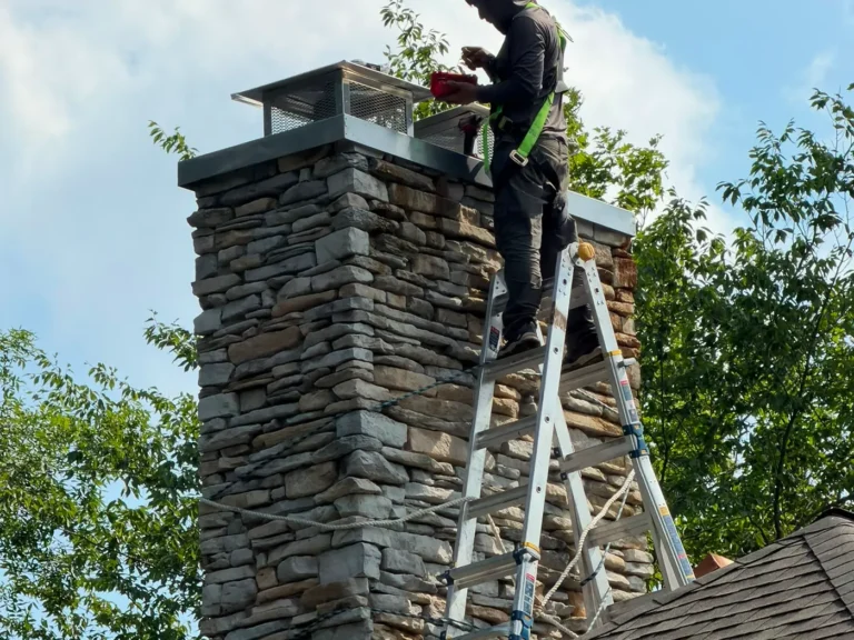 Chimney technician on a ladder inspecting the top of a stone chimney