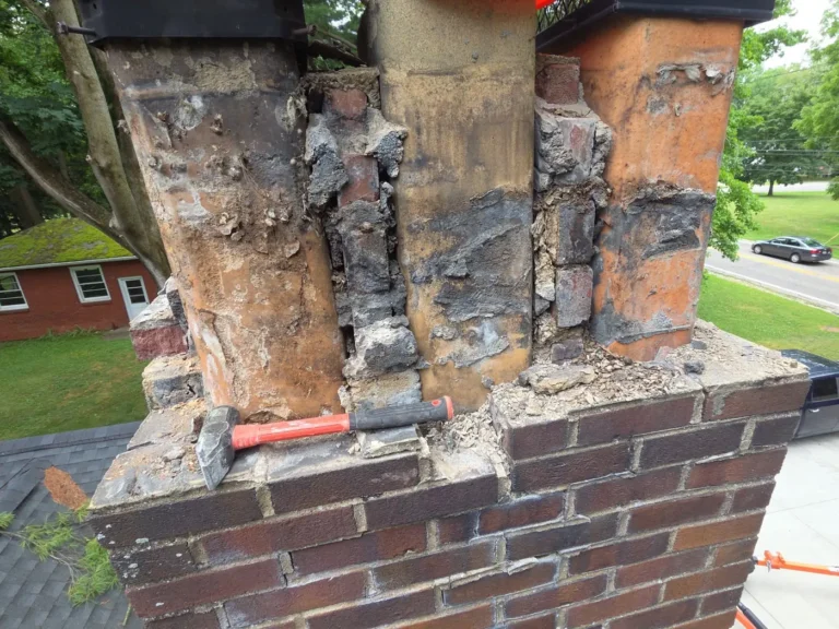 Badly deteriorated chimney top with exposed clay flue tiles and crumbling mortar awaiting repair