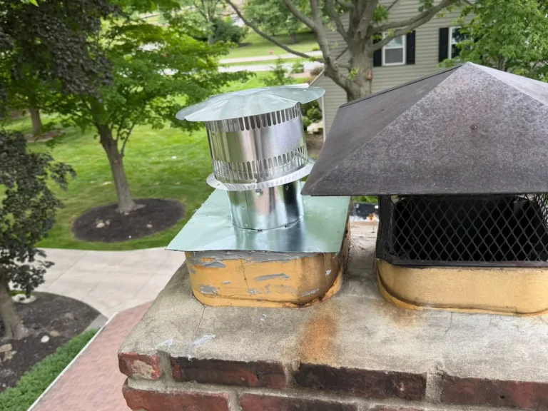 Newly installed stainless steel chimney cap on a red brick chimney
